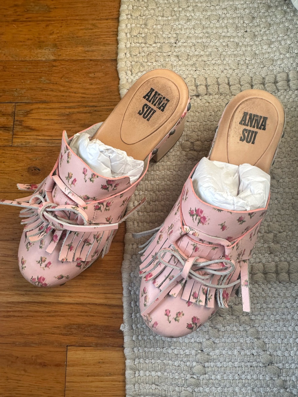Anna Sui Pink Floral Fringe Bow Mule